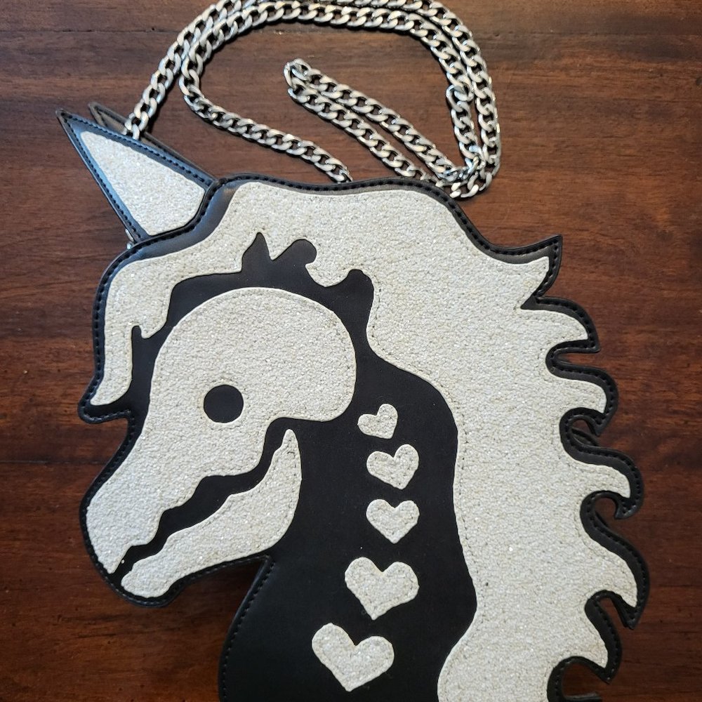 Unicorn skull vinyl bag cross body, textured glittery white